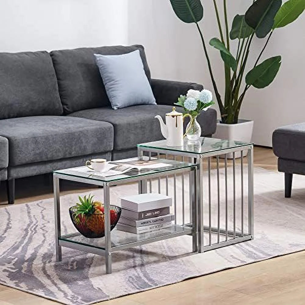 Silver Glass Coffee Table Set with Metal Base D1081