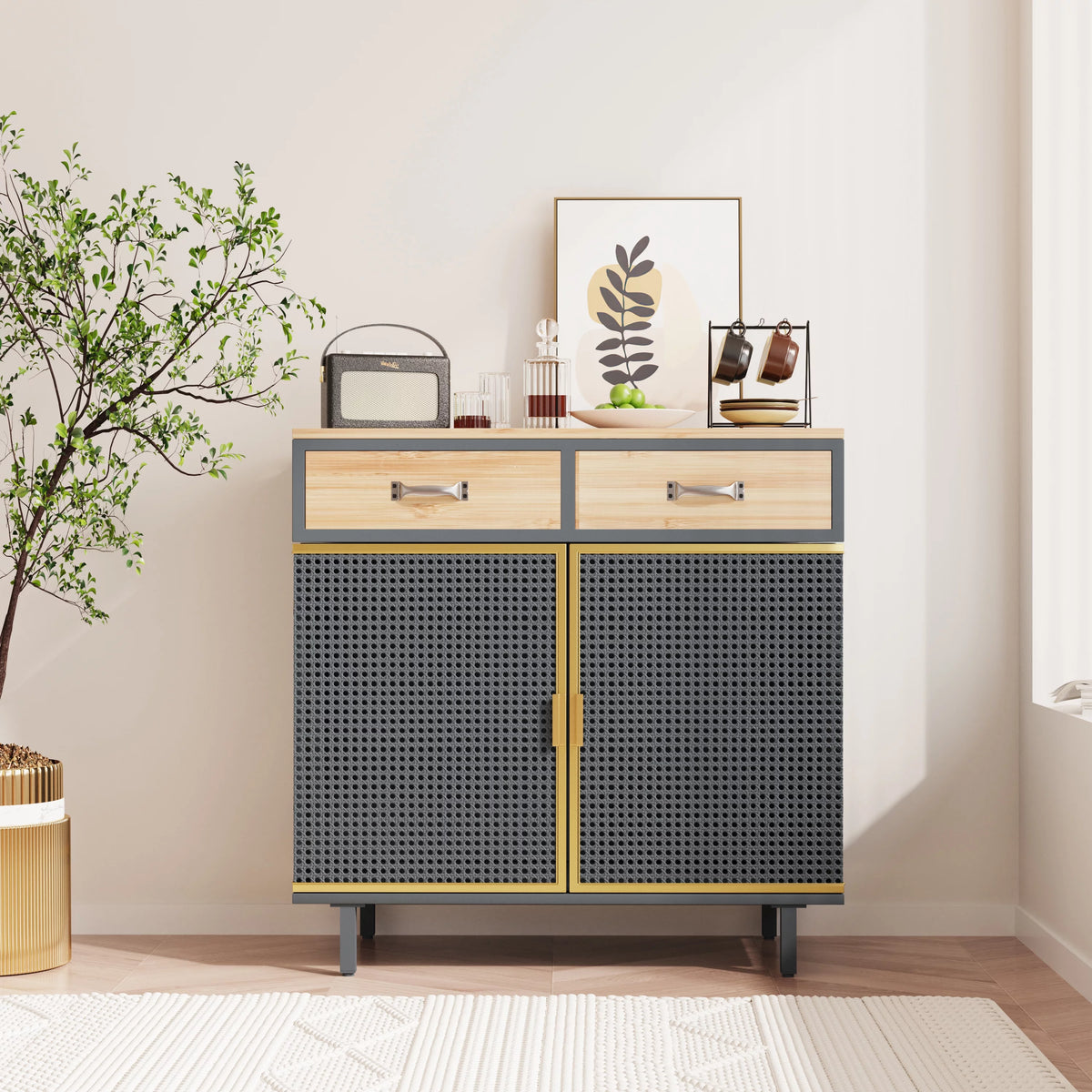 31.5'' Wide 2 Drawer Iron Carbonized Bamboo Sideboard V59545