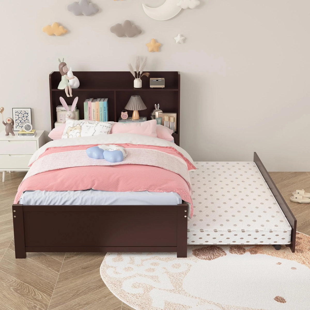 Twin Bed Frame with Trundle and Storage Bookcase Y75595