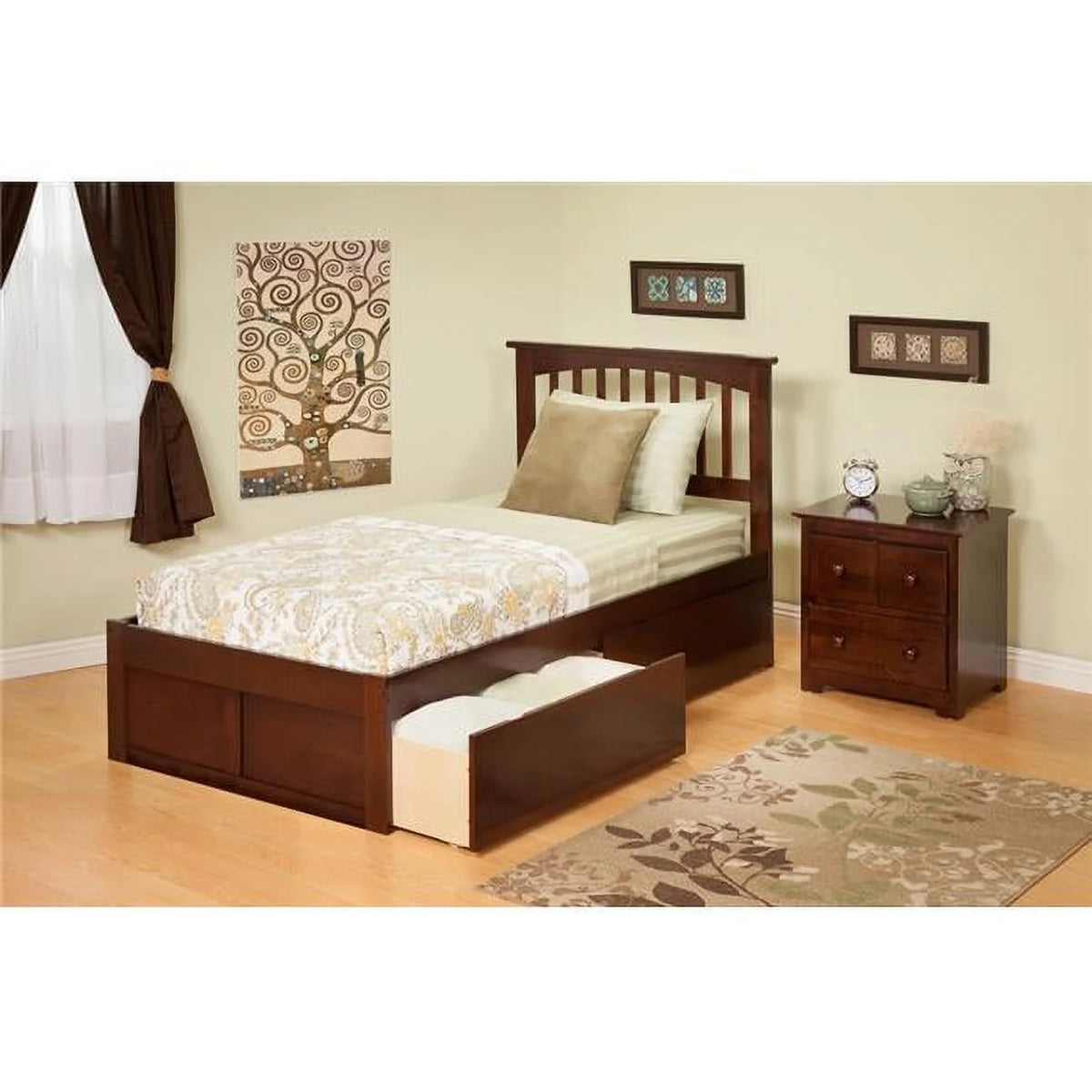 Twin Bed with Flat Panel Footboard and Bed Drawers Antique Walnut S503092