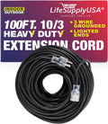 100 ft Heavy Duty 3 Prong Extension Cord with Multiple Outlets, Lighted End, Black C6301