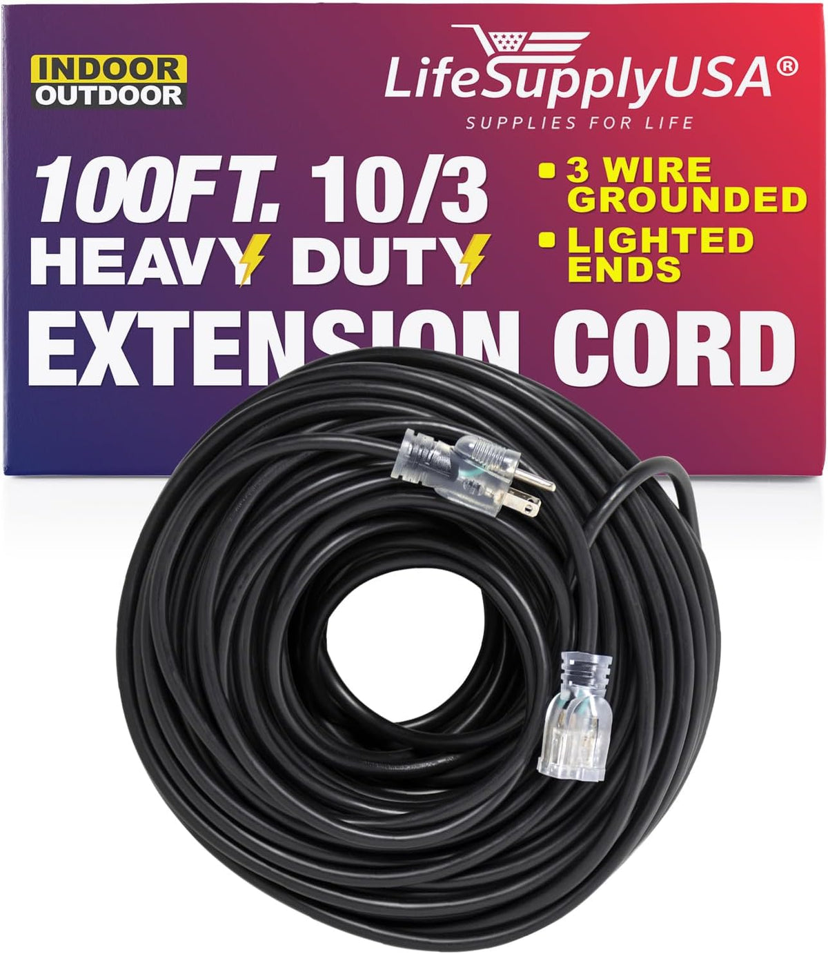 100 ft Heavy Duty 3 Prong Extension Cord with Multiple Outlets, Lighted End, Black C6301