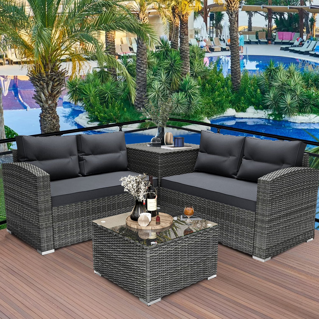 4 Pieces PE Rattan Sectional Sofa Set with Glass Table K171