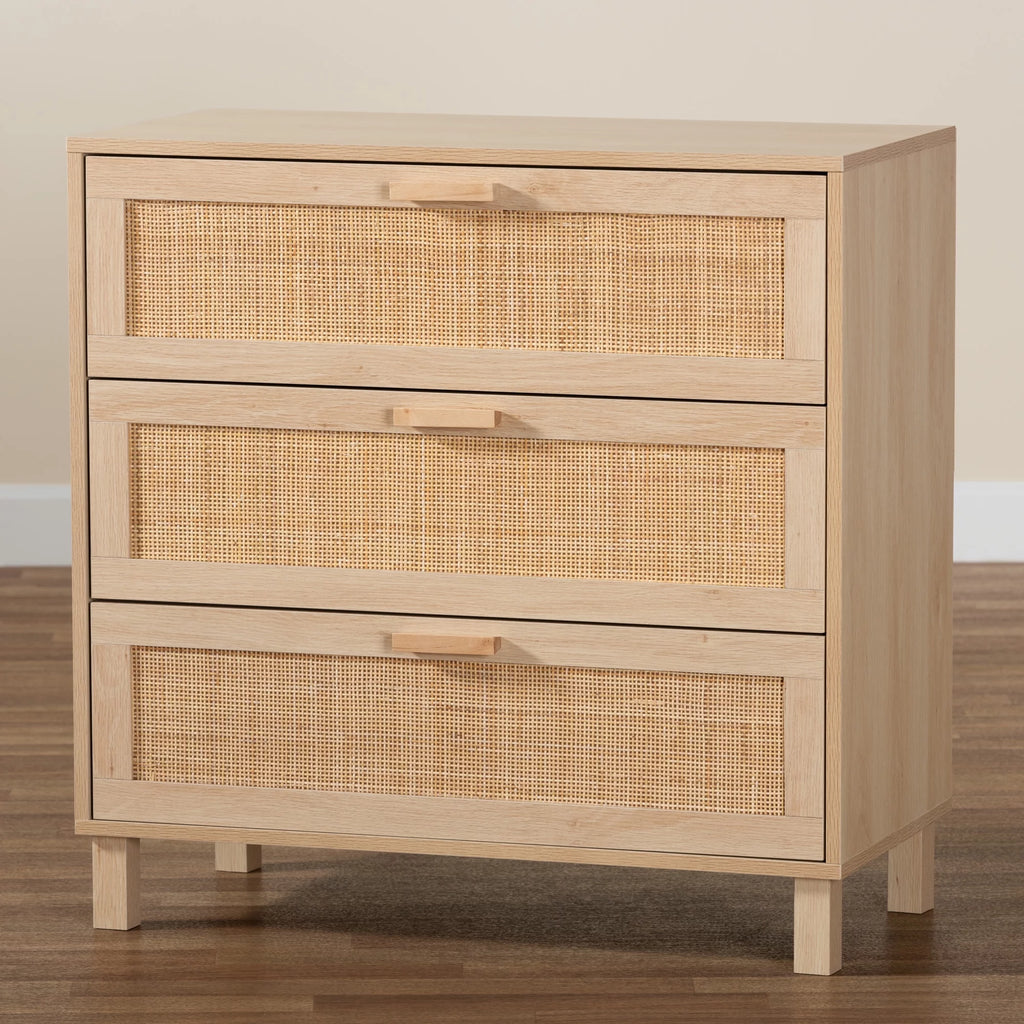 Light Brown Wood 3 Drawer Storage Cabinet with Rattan X807