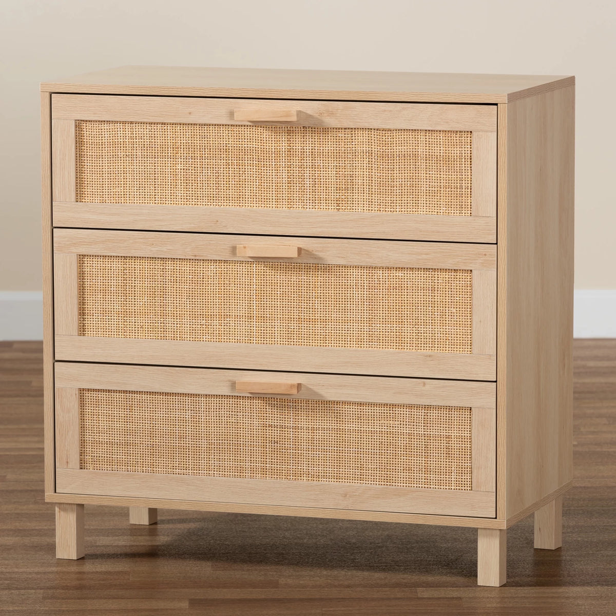 Light Brown Wood 3 Drawer Storage Cabinet with Rattan X807