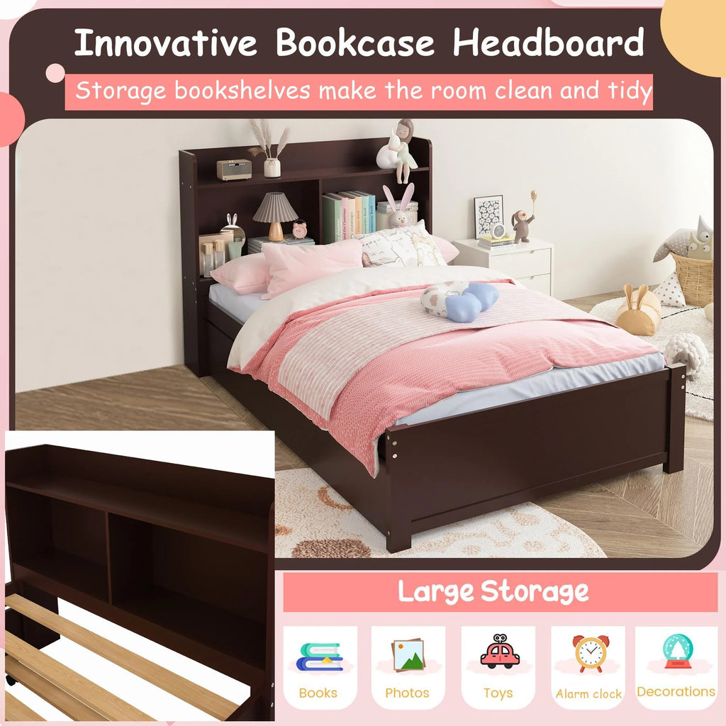 Twin Bed Frame with Trundle and Storage Bookcase Y75595