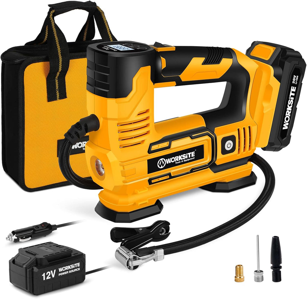 Tire Inflator Air Compressor Portable, 20V Cordless Tire Pump 150 PSI with Digital Pressure Gauge, Rechargeable Li-ion Battery and 12V Car Power Adapter Pack of 2 O863