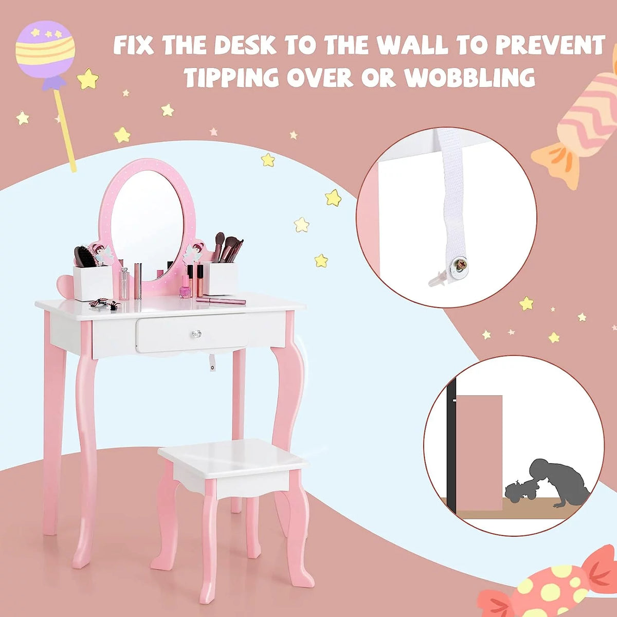 Kids Vanity Set with Mirror and Stool S7804