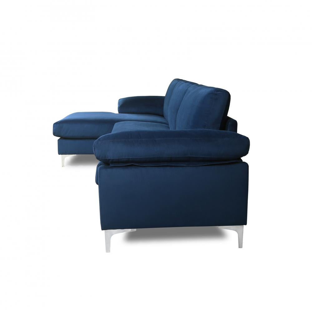 Blue Velvet L-Shaped Sectional Sofa with Metal Legs A555