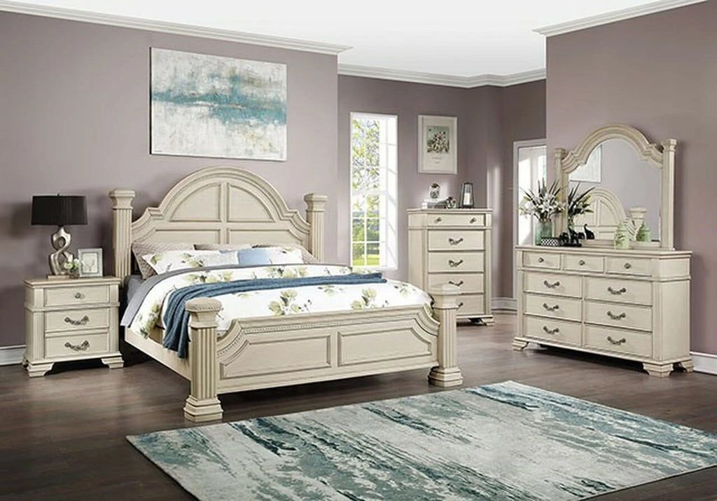 Antique White Solid Wood 4pc King Size Bedroom Set U897