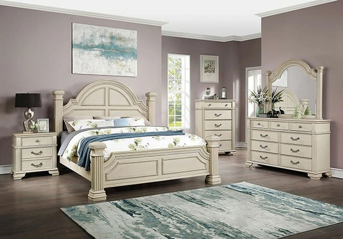 Antique White Solid Wood 4pc King Size Bedroom Set U897