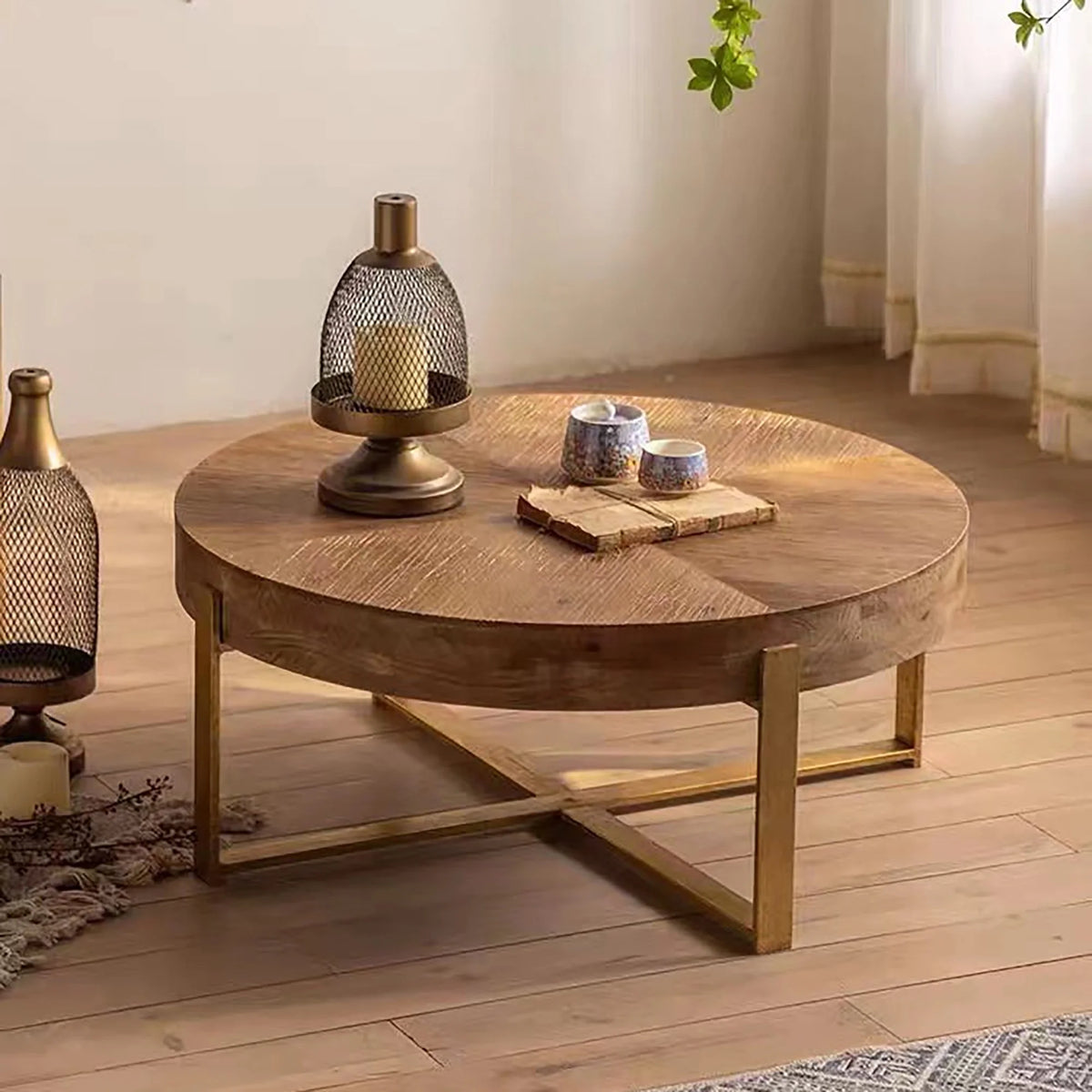 Modern Wood Round Coffee Table with Gold Cross Legs B618634