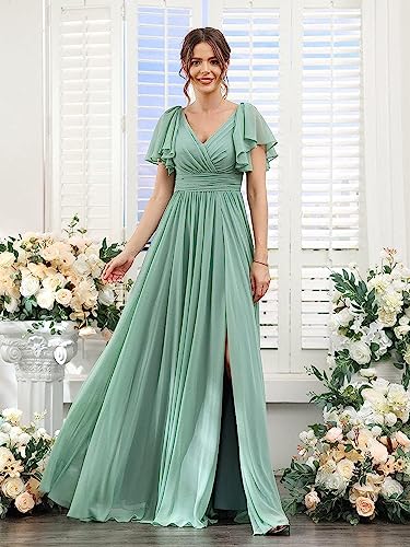 V Neck Flutter Sleeves Chiffon Aline Bridesmaid Dress with Slit N615289