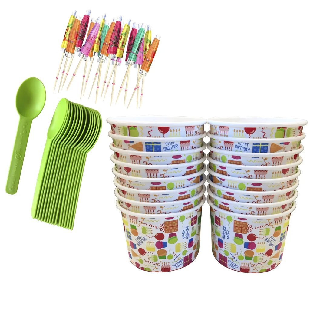 16 Pk Birthday Ice Cream Kit with 8 Oz Cups, Spoons, Umbrellas A596064