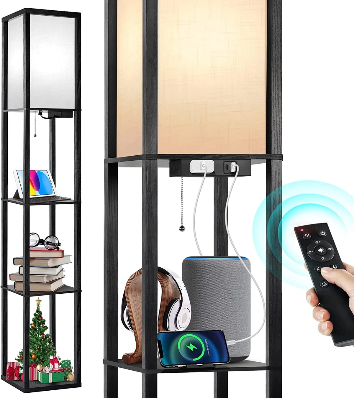 Floor Lamp with Shelves, USB Port, Linen Shade I570150