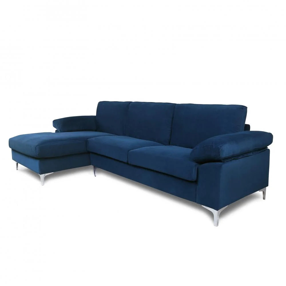 Blue Velvet L-Shaped Sectional Sofa with Metal Legs A555