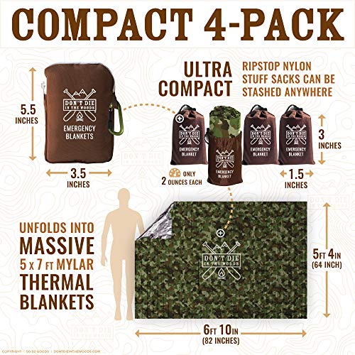 4-Pack Extra-Large Thermal Mylar Emergency Blankets with Ripstop Nylon Stuff Sacks U483077