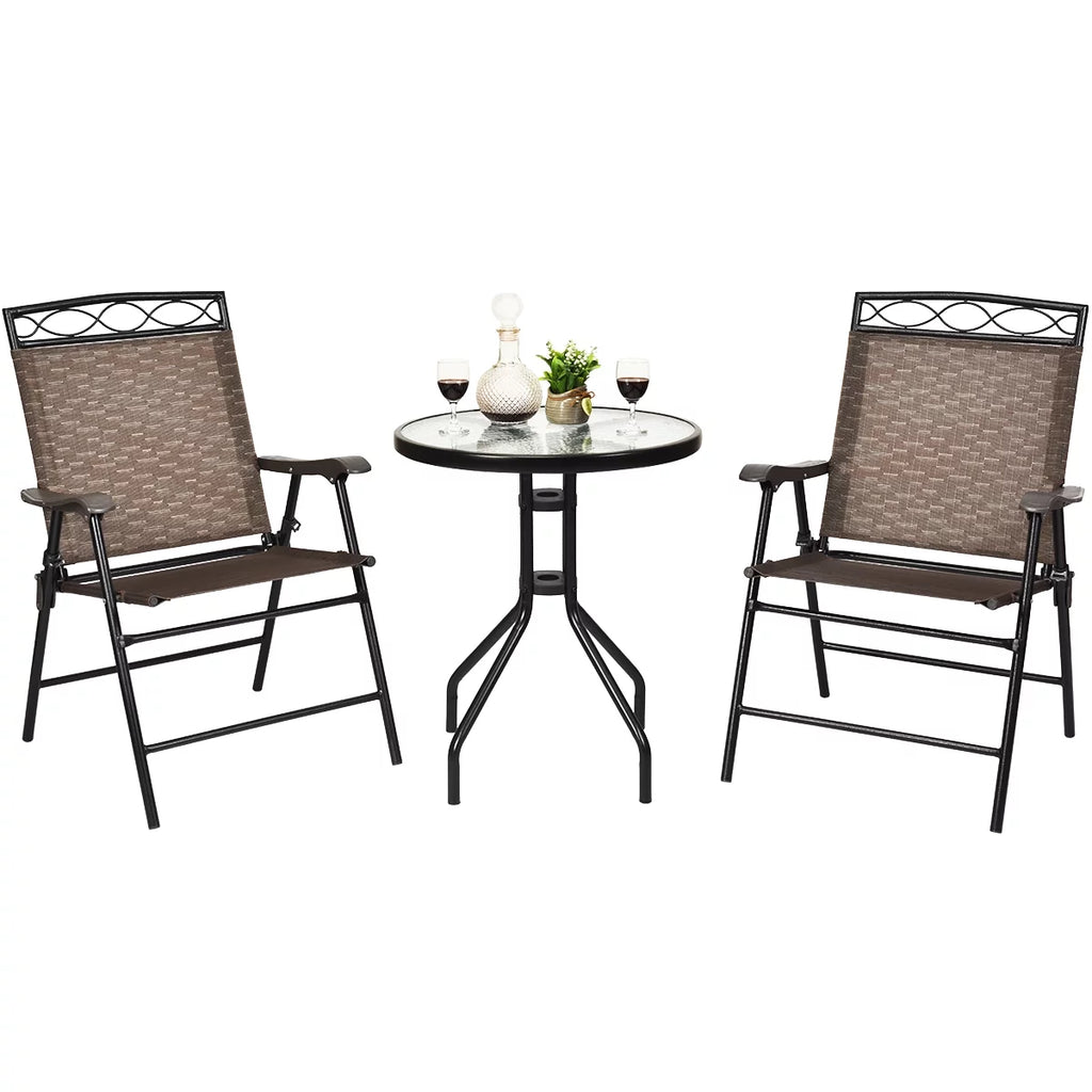 3 PCS Bistro Patio Dining Set with 2 Folding Chairs & Glass Table E97693