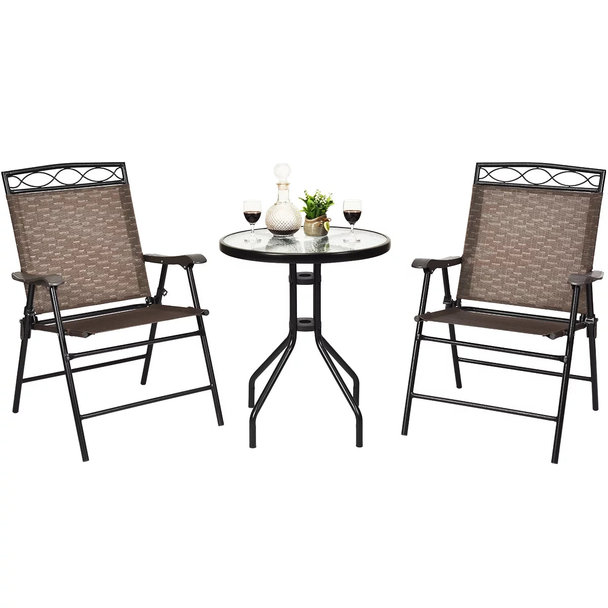 3 PCS Bistro Patio Dining Set with 2 Folding Chairs & Glass Table E97693