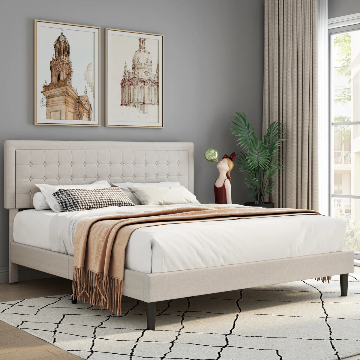 King Size Gray Linen Fabric Bed Frame with Tufted Headboard O122529