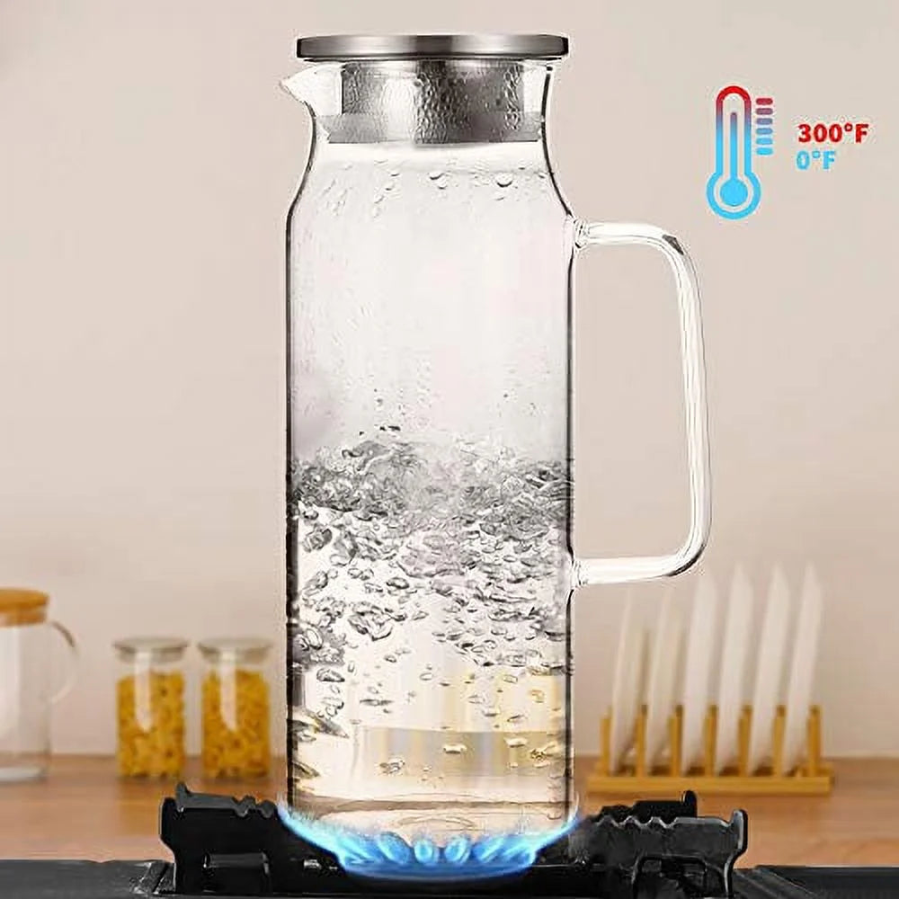Glass Pitcher with Lid and Handle, 50 oz Borosilicate Glass Carafe F860720