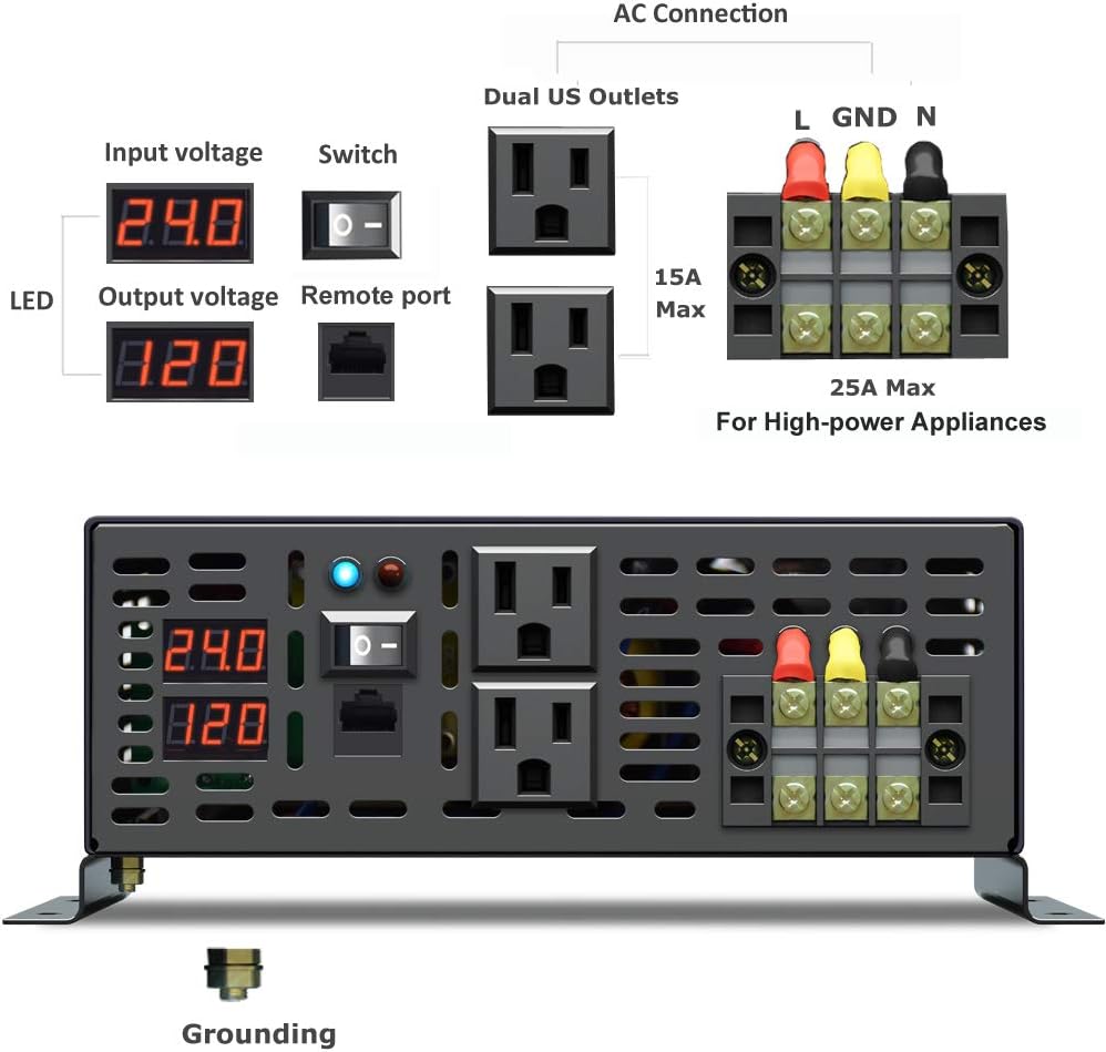 3000 Watt 24V DC Pure Sine Wave Power Inverter with Remote Control Switch, Dual 110V 120V AC Outlets O5624