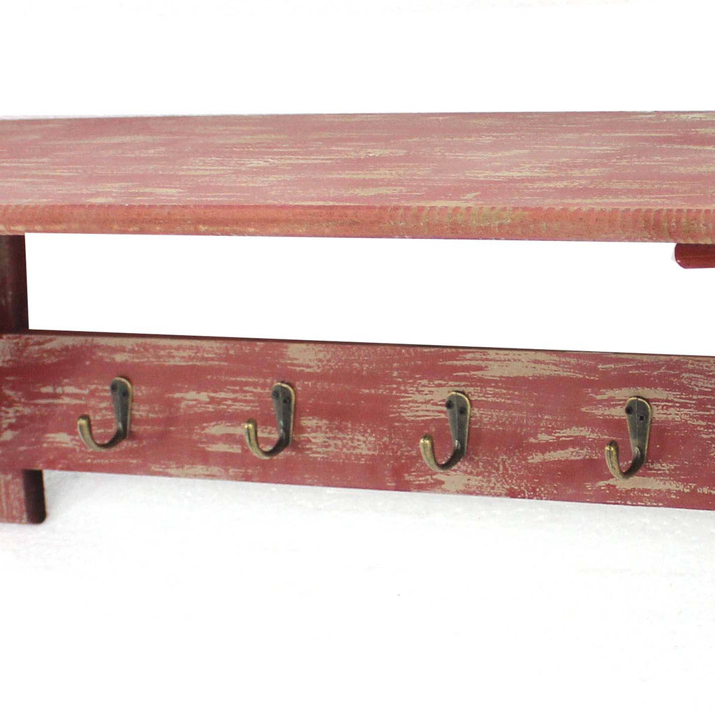 Distressed Red Wooden Wall Shelf with 4 Hooks W105