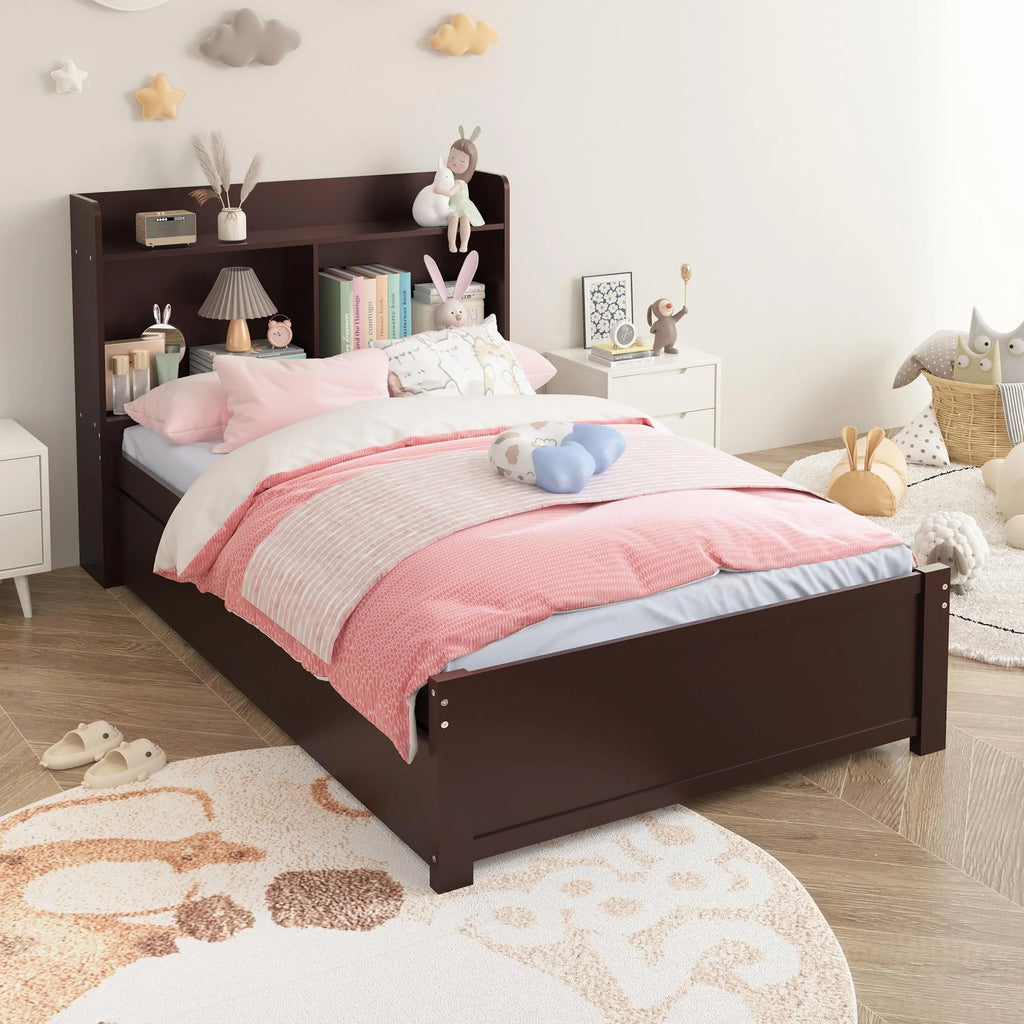Twin Bed Frame with Trundle and Storage Bookcase Y75595