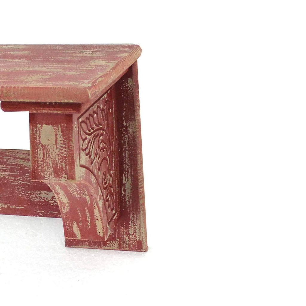 Distressed Red Wooden Wall Shelf with 4 Hooks W105