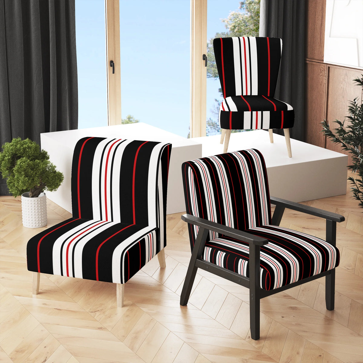 Black and White Striped Pattern Upholstered Accent Chair M337
