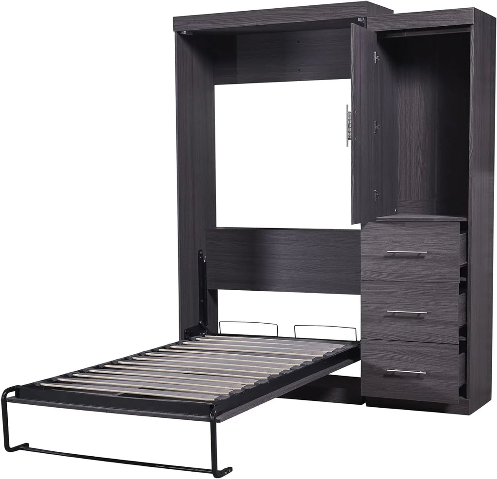 Gray Foldable Storage Bed with Wardrobe and Drawers B69359