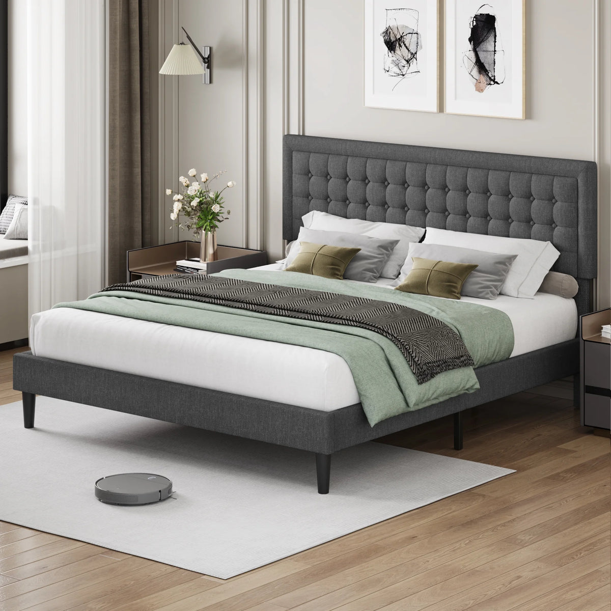 King Size Gray Linen Fabric Bed Frame with Tufted Headboard O122529