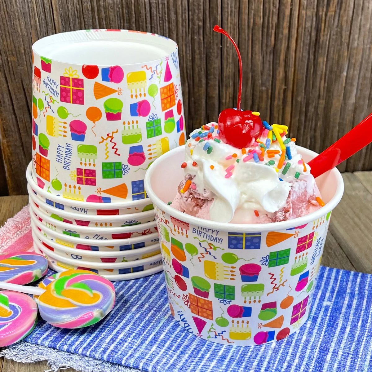 16 Pk Birthday Ice Cream Kit with 8 Oz Cups, Spoons, Umbrellas A596064