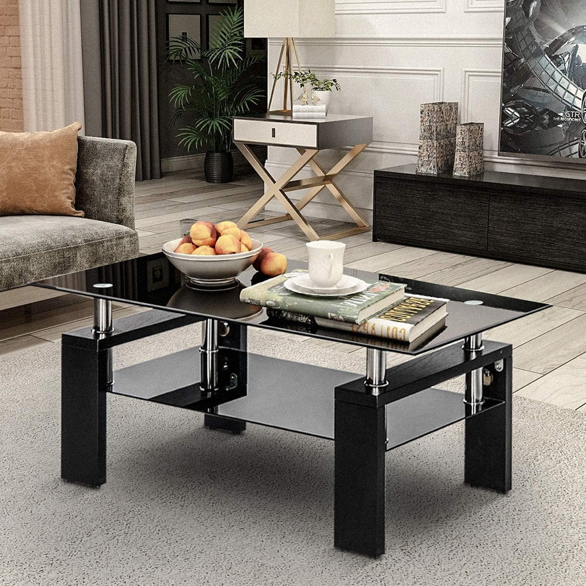 Black Rectangle Glass Coffee Table with Shelf and Wooden Legs J66651