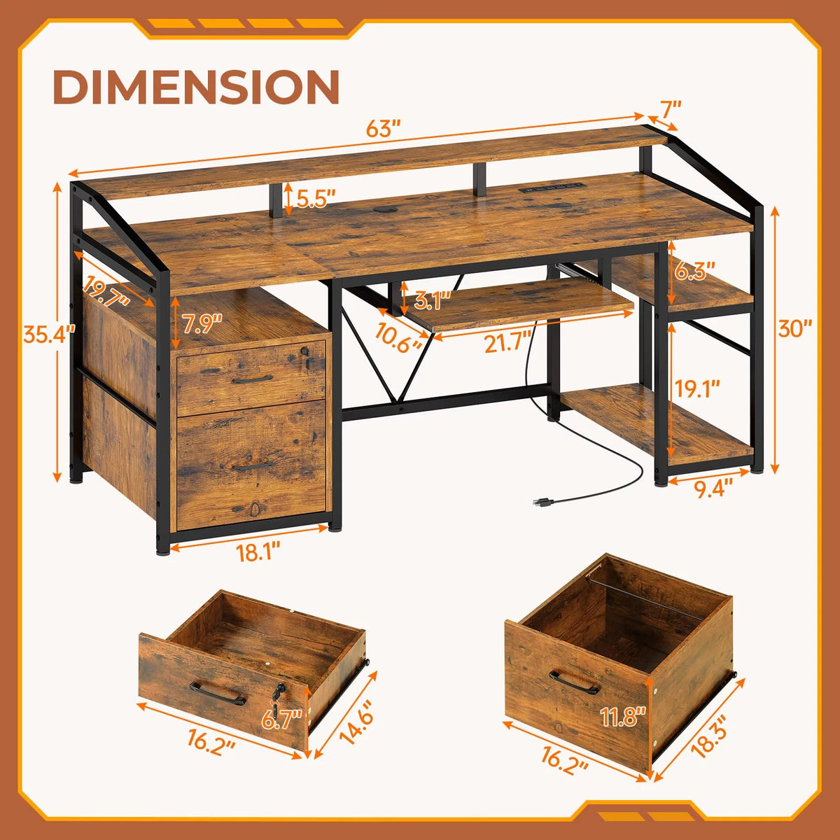 Computer Desk with LED Light and Power Outlet, 63 inches Gaming Desk with Lock Drawers W86428