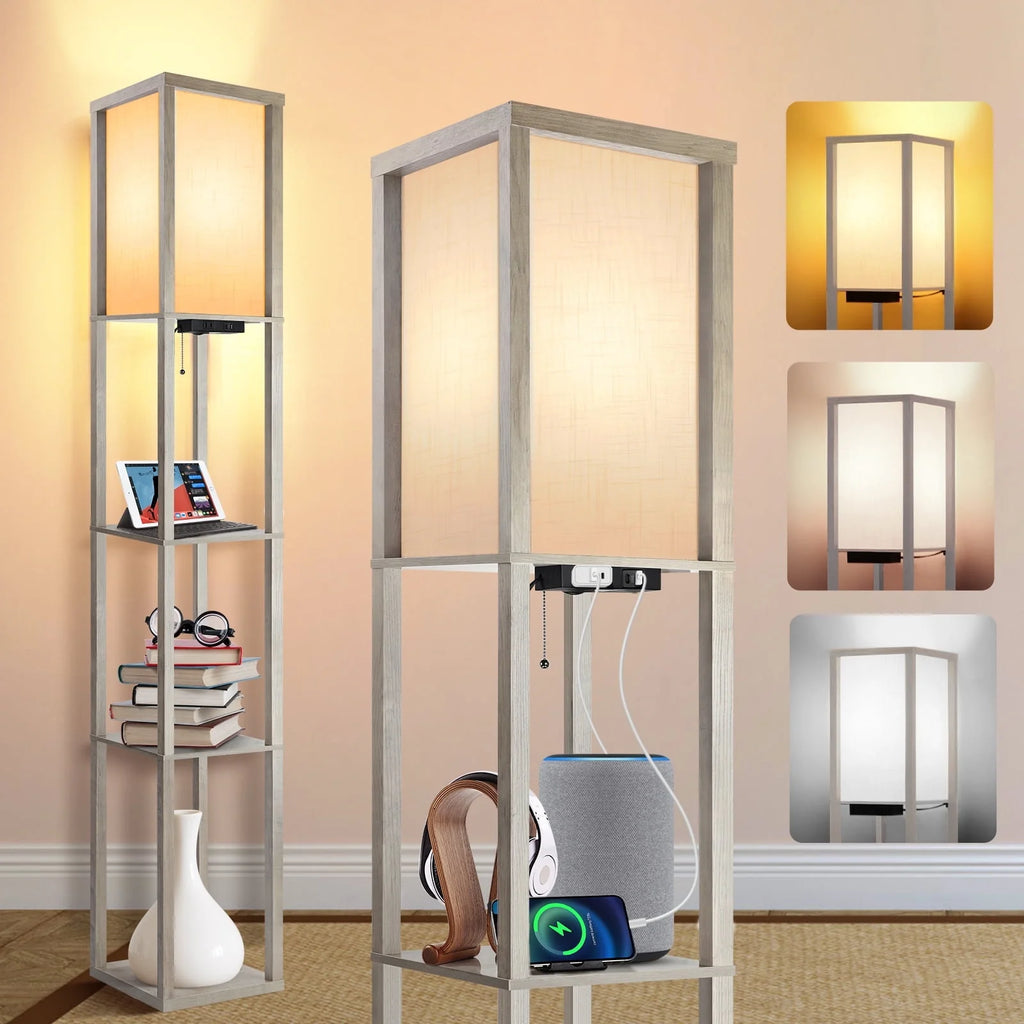 Floor Lamp with Shelves, USB Port, Linen Shade I570150