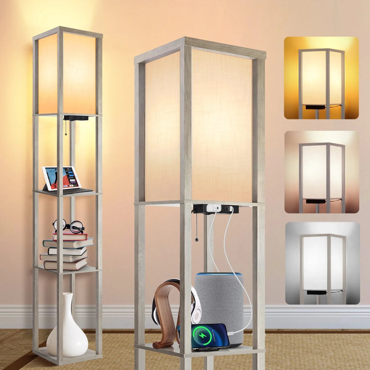 Floor Lamp with Shelves, USB Port, Linen Shade I570150