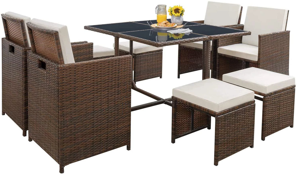 9 Pieces Outdoor Dining Set Wicker Chairs with Glass Table T9191