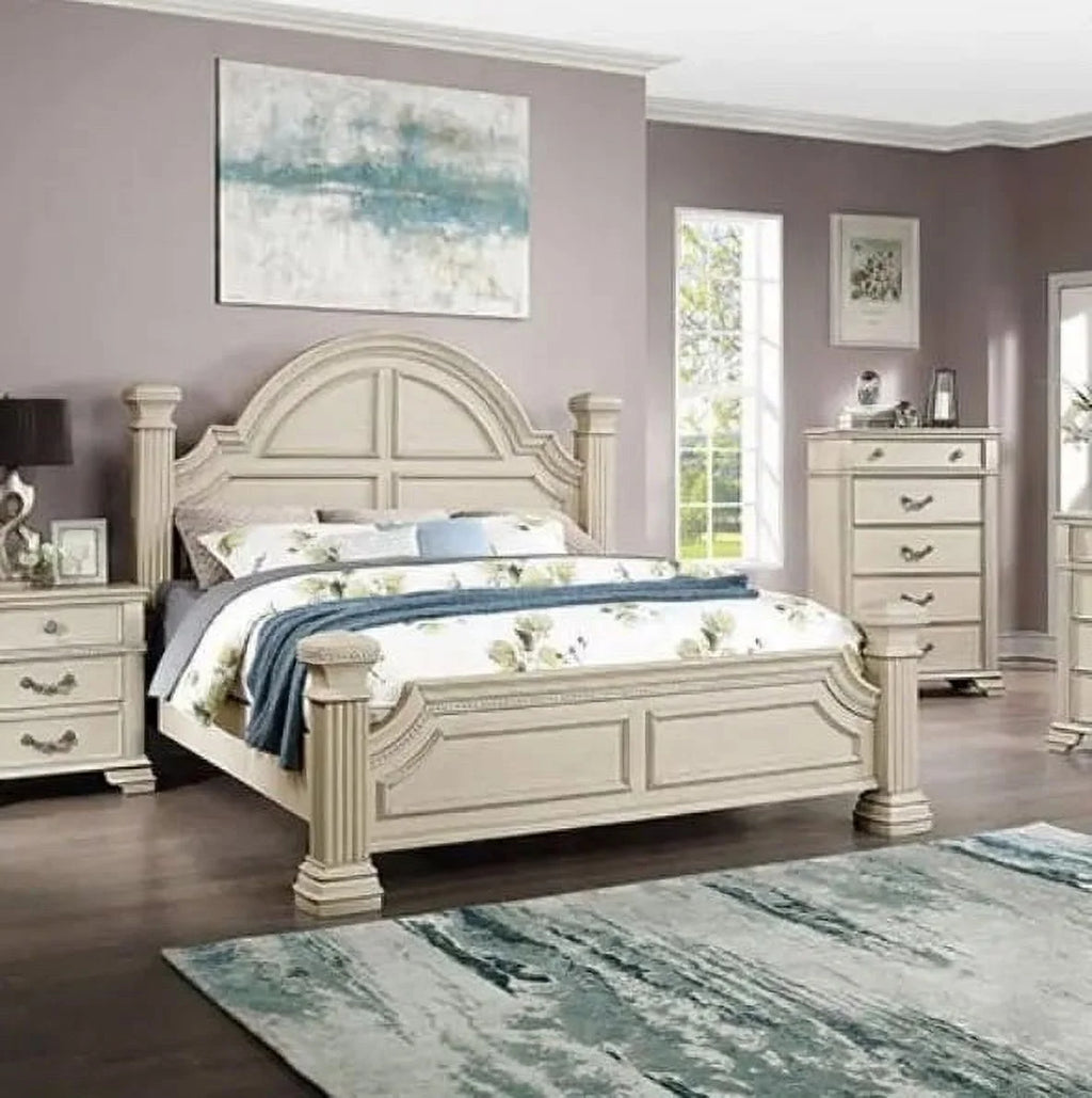 Antique White Solid Wood 4pc King Size Bedroom Set U897